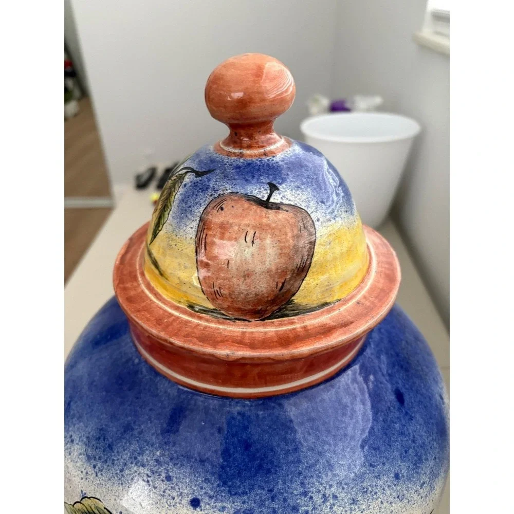 VTG Large Hand Painted Italian Ceramic Ginger Jar Fruit Motif‎ Lidded Urn 18.5